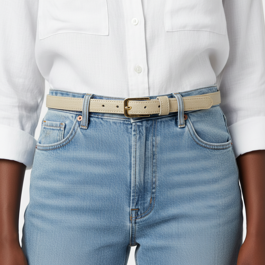 The Iris Skinny Leather Belt - Modelo Piel Negra Fondo Blanco