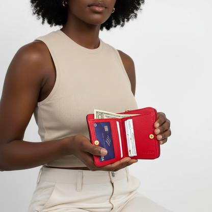 Clara wallet abierta con modelo mujer piel negra fondo blanco