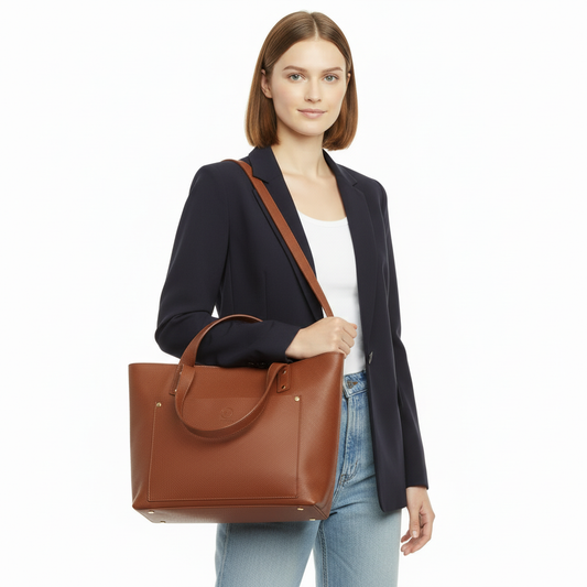 Valentina tote bag con modelo blazer azul oscuro fondo blanco