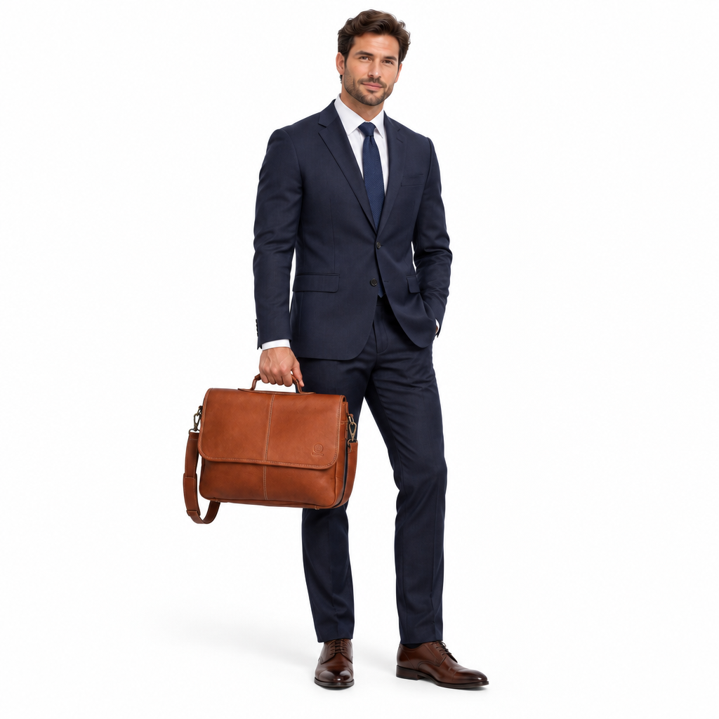 Male model in a navy suit holding the honey-colored Santiago leather laptop messenger bag against a white background