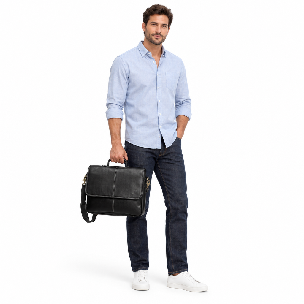 Casually dressed male model holding the black Santiago leather laptop messenger bag against a white background