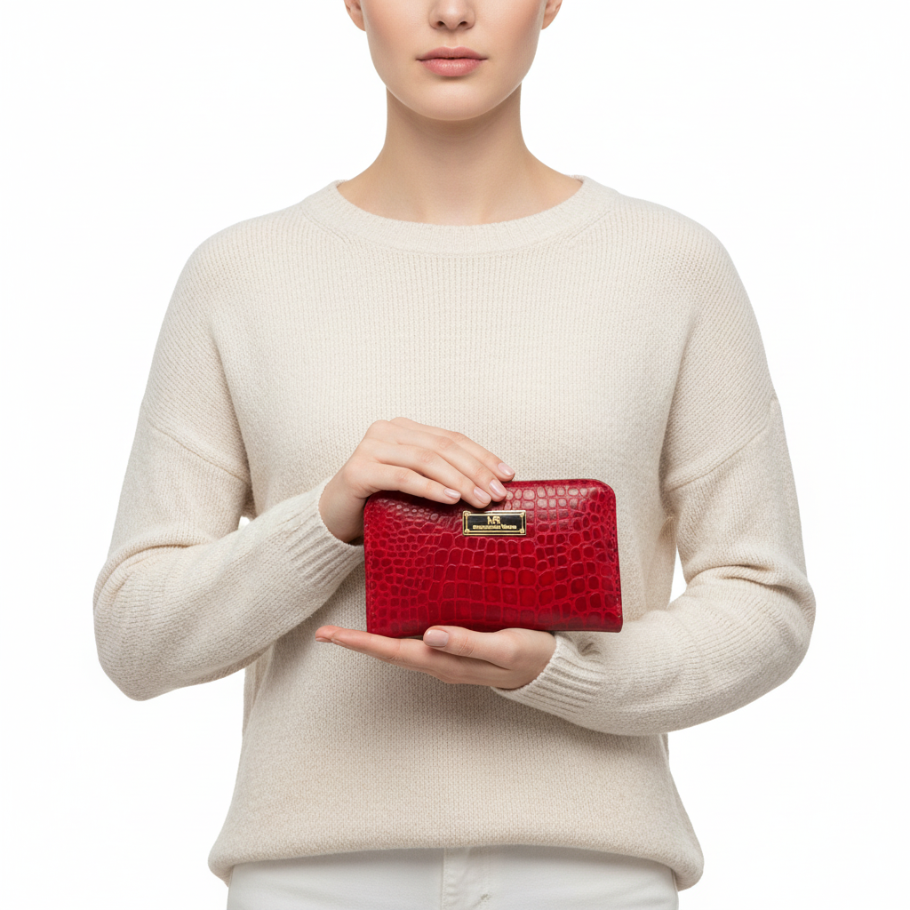 Aurora wallet con modelo mujer piel blanca fondo blanco