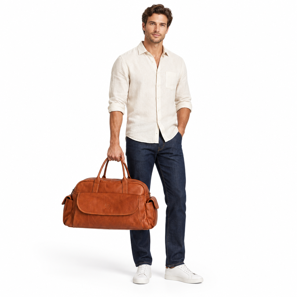 Male model holding the cognac brown Mateo Weekender leather duffle bag against a white background