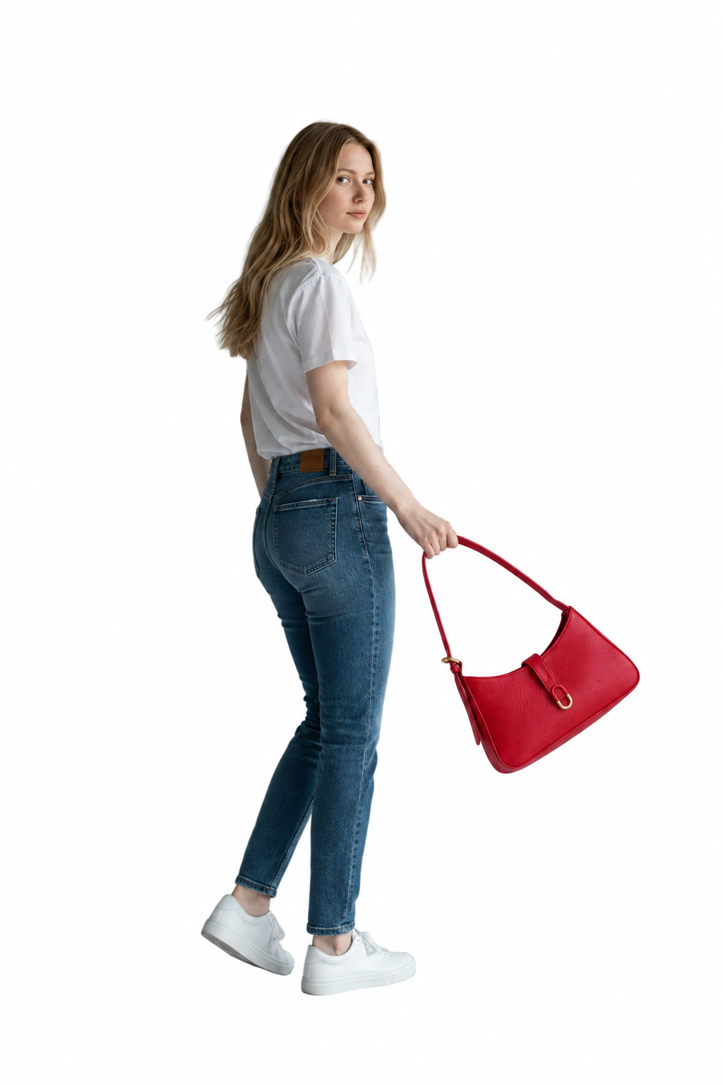 Model holding the red Sakura Mini leather handbag